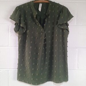 Dark Classic Green V-neck Blouse Swiss Dot Flutter Short Sleeve Shirt Boho Women